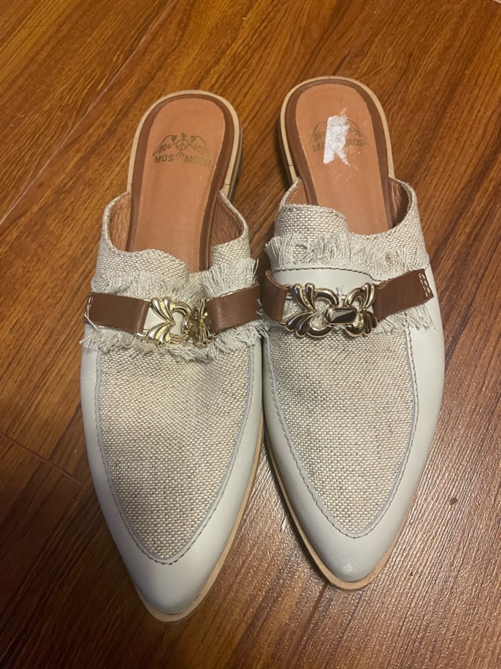 MOS MOSH Cream & Brown Chain-Accent Pointed Mules